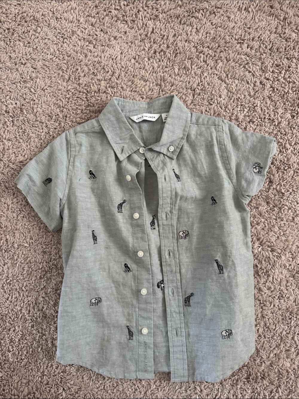 Janie and Jack Light Gray Short Sleeve Button-Down with Animal Embroidery